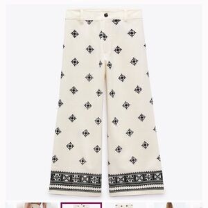 Zara Linen Blend Pants Size L, Elegant Cream and Black Patterned Women's Pants